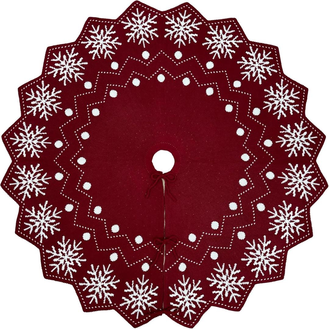 36-Inch Reversible Knit Tree Skirt with Christmas StarInspired Pointed Edge Border and Lace-Up Closures, Machine Washable Thick Acrylic Yarn, Burgundy & White