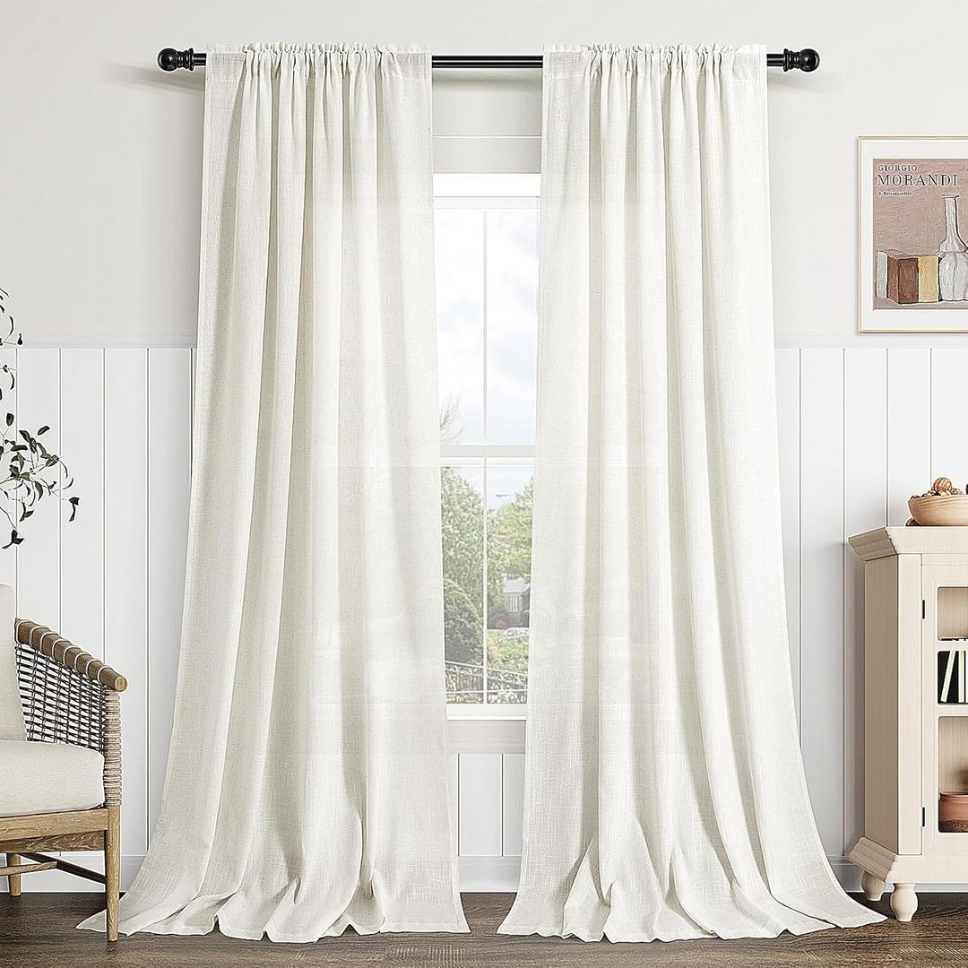 Guken Linen Curtains 84 Inches Long 2 Panel Set Rod Pocket Semi Sheer Dining Room Cozy Bedroom Decor Cotton Look Country Rustic Farmhouse Boho Curtains Beige White, 52x84