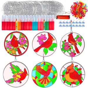 2 x 30 Sets Cardinal Suncatcher Craft Kits, Make Your Own Red Bird Stained Glass Suncatchers for Window Hanging, DIY Window & Wall Art Home Decor Gift for Bird Lovers, Women, Mother's Day & Christmas