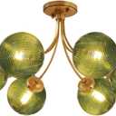 Green Glass Flush Mount Ceiling Lights Fixture 6-Light Gold Mid Century Modern Chandelier Green Hand Blown Glass Chandelier Vintage Pendant Light for Bedroom Living Dining Room