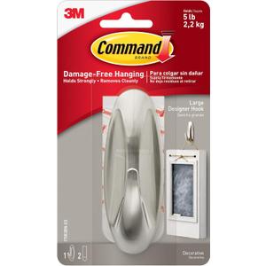 Command Large Designer Hook, Holds up to 5 lb, 1 Wall Hook with 2 Command Strips, Brushed Nickel Color, Damage Free Hanging Hooks for Hanging Decorations in Living Spaces
