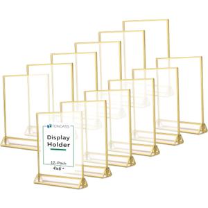 TonGass (12-Pack) 4x6 Standard Double-Sided Acrylic Wedding Table Numbers Picture Frames, Clear Sign Holders with 3mm Gold Border & Vertical Stand