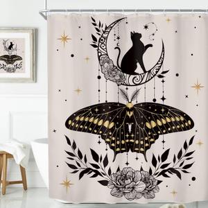 KOMLLEX Boho Cat Moth Shower Curtain for Bathroom Decor 60Wx72H Inches Vintage Tarot Sun Star Goth Gothic Mystic Moon Phase Witchy Floral Leaves Fabric Waterproof Polyester 12 Pack Hooks