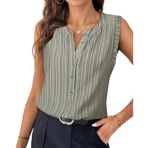Womens Sleeveless Button Down Shirts Blouses Striped Casual Business Tank Tops Office Work (Beige, S)