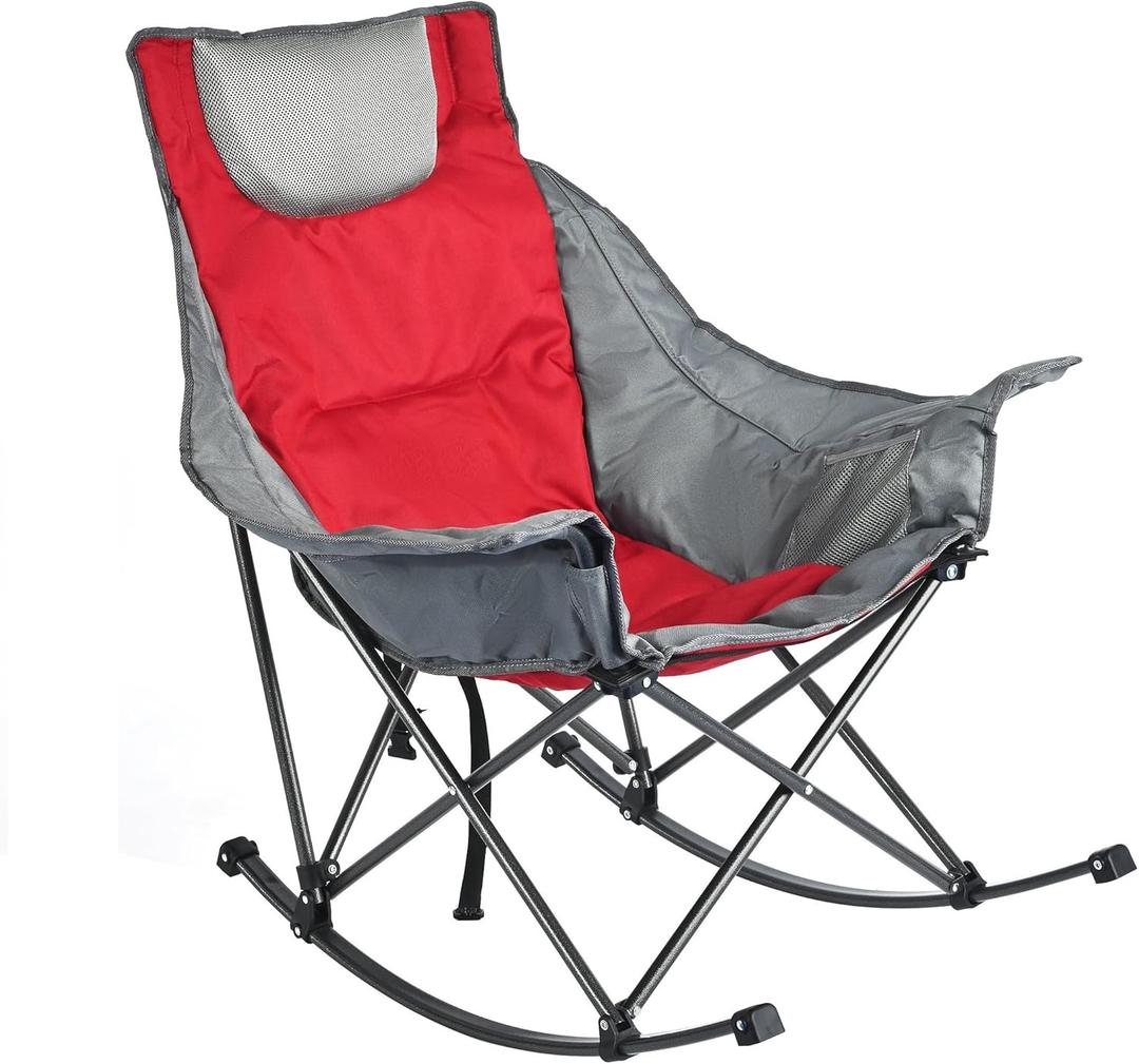 SUNNYFEEL Oversized Rocking Camping Chair, Fully Padded Patio Chair with Side Pocket, High Back Portable Lawn Recliner with Headrest, Outdoor Camp Rocker Chairs for Adults Heavy Duty 500 LBS Carry Bag, 1 PC