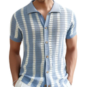 Verdusa Men's Striped Crochet Button Down Shirts Hollow Out Half Sleeve Collared Knit Tops Blue S