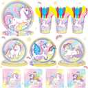 168pcs Unicorn Birthday Party Supplies with Unicorn Banner for Girls, 24 Serves Unicorn Disposable Tableware Set with Plates, Cups, Napkins, and Cutlery Sets for Unicorn Themes Party Kids
