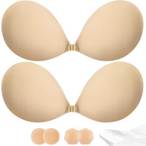 Adhesive Bra Push Up for Women 2 Pair, Sticky Invisible Lifting Bra, Backless Strapless Bras for Dress with Pasties (Nude+nude, F)