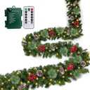 Remote Control - 18FT Long Prelit Outdoor Christmas Garland 100 Warm White & Colorful Lights Timer 8 Modes Thick 460 Branches 15 Pinecone 165 Berry Christmas Cedar Garland for Stairs Porch Front Door