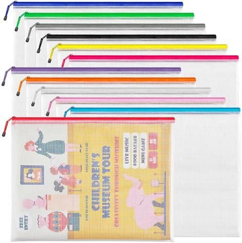 JARLINK A3 (16.9x12.4 in, 12 Pcs) Mesh Zipper Pouch, 12 Colors Extra Large Zipper Bags, Waterproof File Pouches for Office Supplies, Puzzles, Board Game, School, Travel Accessories & Craft Projects