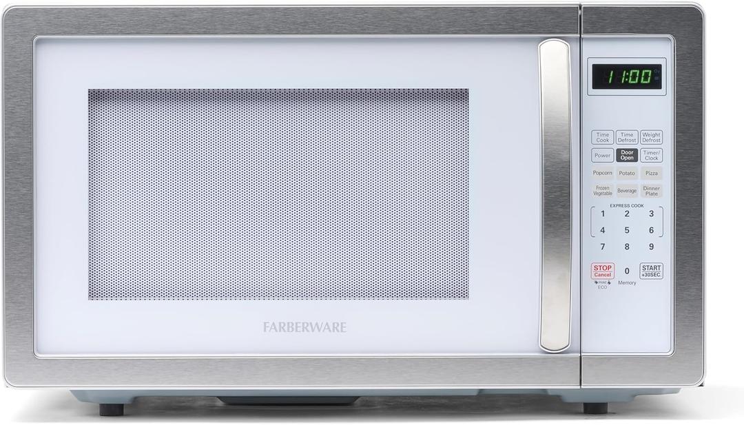 Farberware Countertop Microwave 1000 Watts, 1.1 cu ft - Microwave Oven With LED Lighting and Child Lock - Perfect for Apartments and Dorms - Easy Clean White, Platinum