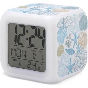 Starfish Seashell Alarm Clock for Kids Boy Girl 7 LED Color Changing Wake Up Clock Home Decor Bedroom Digital with Temperature Display