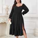 SCOMCHIC Womens Plus Size Wedding Guest Cocktail Dress Sweetheart Neckline Long Sleeve Smocked Ruffle Slit Maxi Dresses (Black, XL)