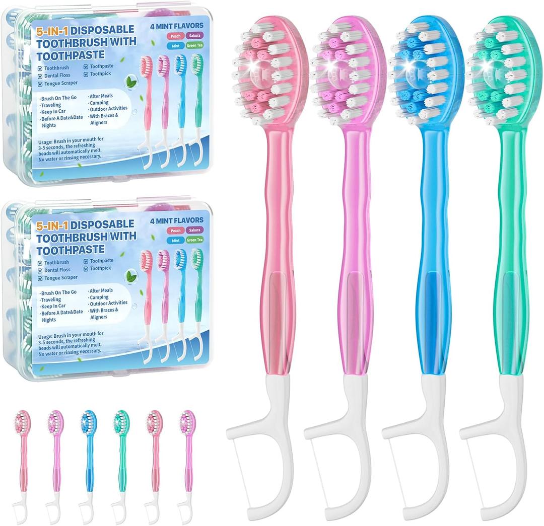 5-in-1 Disposable Toothbrush with Toothpaste (70 Pack), Mini Travel Toothbrushes with Soft Bristles, Dental Floss, Toothpick & Tongue Scraper, No Water Needed, 4 Flavors