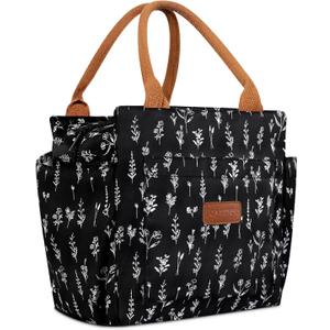 Joymee Lunch Bag Women Insulated Lunch Box Reusable Leakproof Large Cooler Tote for Womens Mens Adults with Bottle Holder and Side Pockets for Work Office Picnic - White Little Flowers