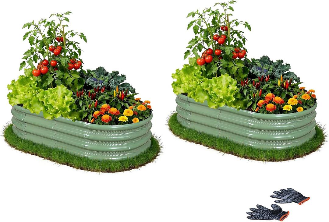 2 Pack Raised Garden Bed Kits, 4x2x1FT Green Oval Galvanized Outdoor Planter Beds, Easy Assembly Metal Raised Bed for Vegetables, Flowers & Herbs