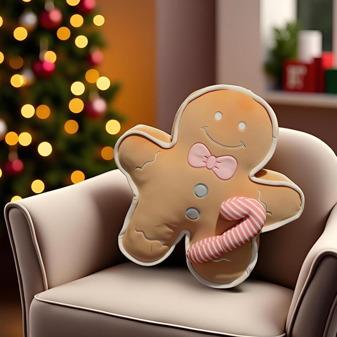 Gingerbread Man Pillows Plush Christmas Gingerbread Shape Pillow Cartoon Christmas Decor Pillow for Couch,Bed, Khaki,16"