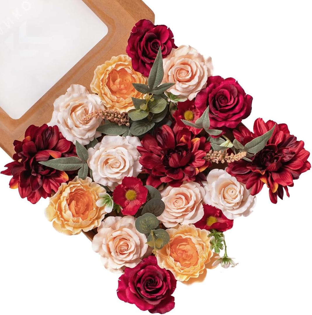 FANKO Artificial Rose Fake Flowers: Silk Fake Red Roses Fall Fake Flowers Bouquet Burgundy Faux Flowers for Wedding/Table Decoration/Centerpieces/Party/Cake (Color-1)