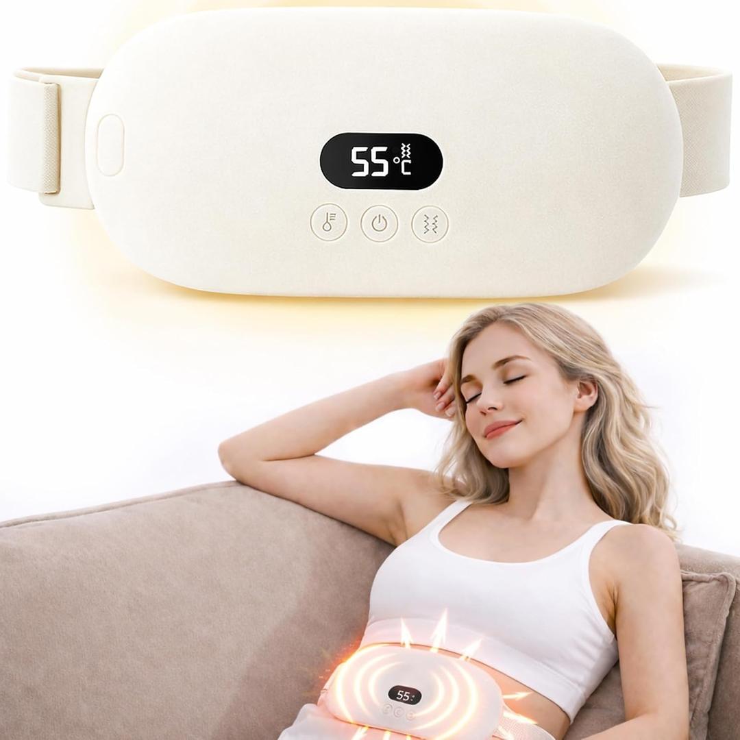 Heating Pad for Period Cramps, Cordless Rechargeable Wearable Heating Belt with Massage Vibration, 5 Heat Levels, Auto Shut-Off, Soft Flannel Comfort (White)