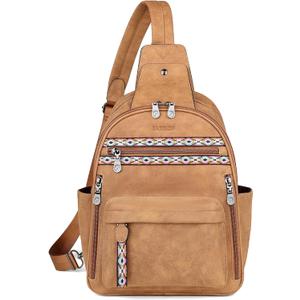FADEON Large Sling Bag for Women, Leather Crossbody Purse Designer Anti Theft Sling Backpack, RFID Fanny Packs for Travel (Camel Brown Nubuck Style)