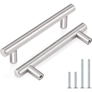 Probrico 30 Pack| 3-1/2 Inch Hole Center Cabinet Handles Satin Nickel Stainless Steel Drawer Dresser Pulls, Euro Round T Bar Kitchen Cabinet Pulls, 6 Inch Total Length