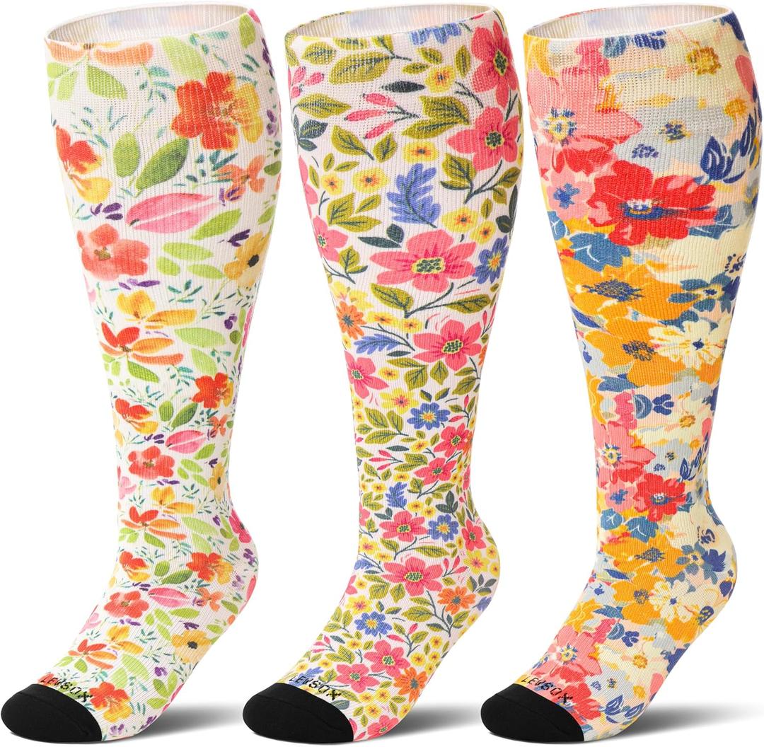 LEVSOX Plus Size Compression Socks for Women Men Wide Calf Extra Large 15-20 mmHg Knee High Sock for Nurses Pregnant Travel (3 Pairs/Floral Patterns)