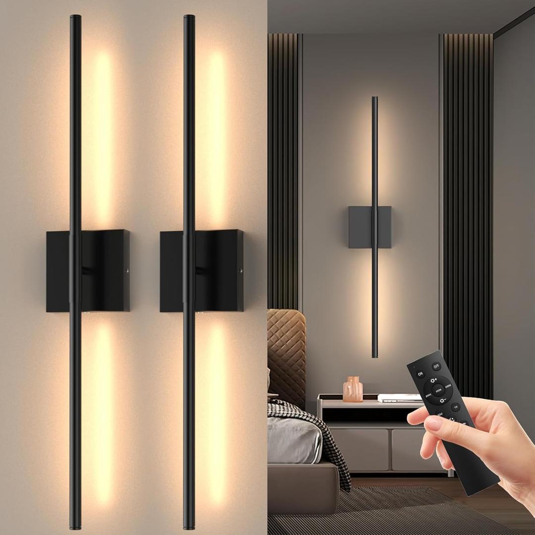 Tartek Battery Operated Wall Sconces Set of Two, Rechargeable Wall Lights with Remote Control, Dimmable 3000K-6000K LED Wall Lamp, 360Rotate, Long Wireless Sconces for Living Room, Bedroom