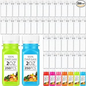 Sliner 250 Pcs 2oz Small Plastic Juice Bottles Ginger Juice Bottle with Lids Liquid Vial Reusable Clear Beverage Container with Lid, Freezer Safe, Leak Proof for Milk, Water