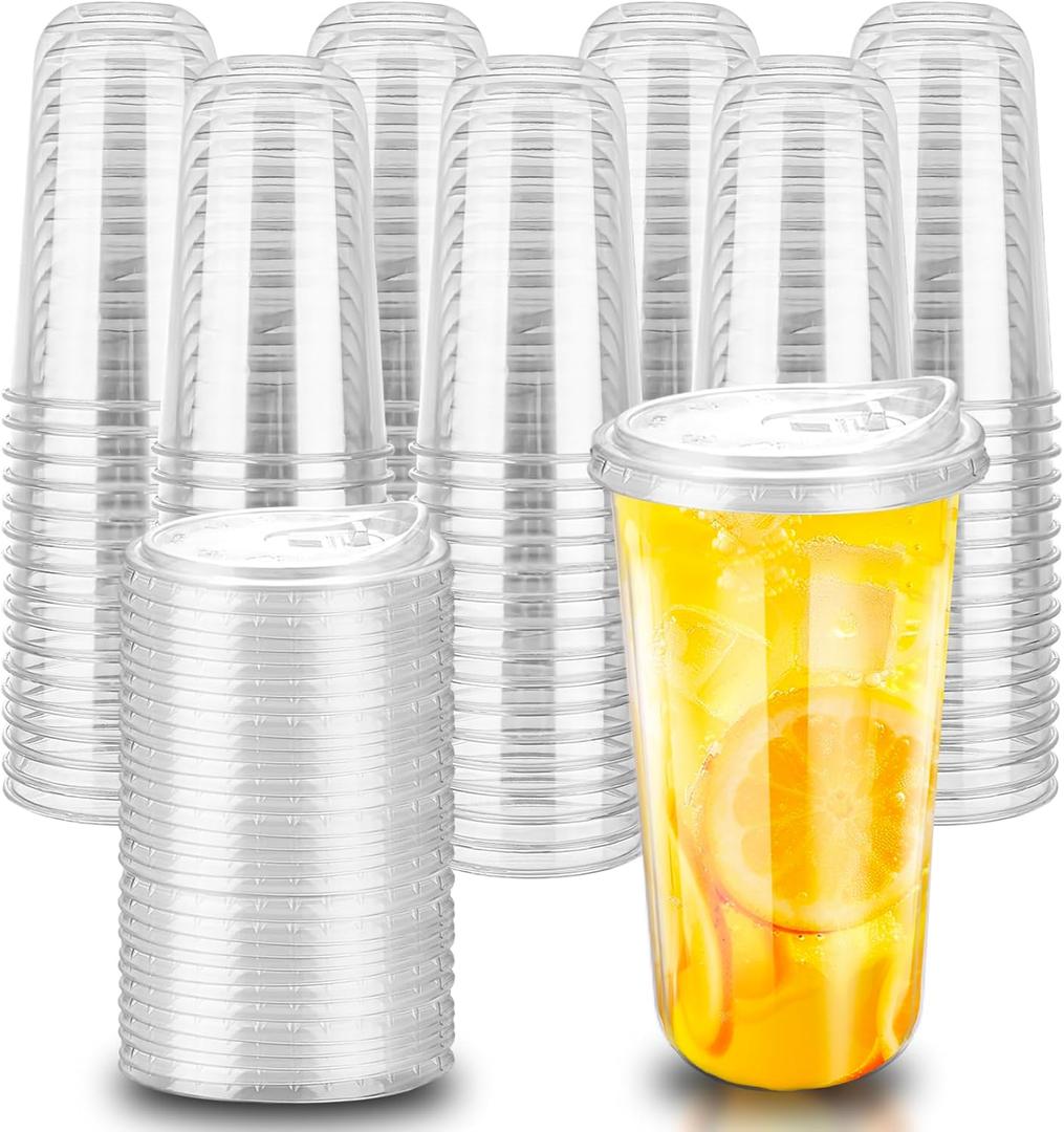 20oz Disposable Stemless Glasses With Strawless Sip Lids,PET Disposable Drinking Cups,Clear Plastic Wine Glasses for Parties Birthday,Wedding,Meeting,Christmas Party Supplies (100, Transparent)