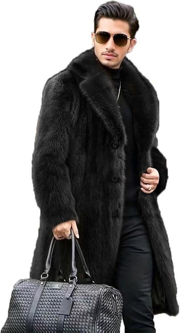 FTIMILD Men's Long Faux Fur Coat Single Breasted Warm Winter Trench Coat Fluffy Thick Overcoat 6XL