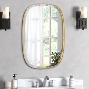 POZINO Gold Bathroom Mirror, 24"x32" Brass Rounded Rectangle Mirrors, Brushed Beveled Mirrors for Over Sink, Modern Vanity Wall Mirror in Premium Stainless Steel Frame Hangs Horizontal Or Vertical