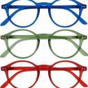 OPULIZE REY Reading Glasses for Women Men, Retro Round Frame with Spring Hinges, Matte Blue, Green, Red +1.00 (Pack of 3)
