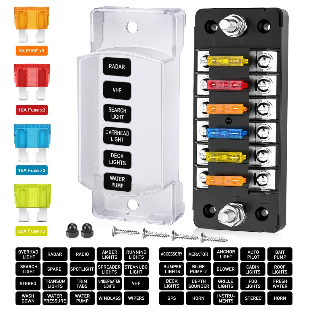 Nilight 6 Way Fuse Block with Negative Bus 12V Blade Fuse Holder ATC/ATO Standard Fuse Box Label Stickers Waterproof Cover Fuse Panel for Automotive Cars Trucks RVs Campers Vans