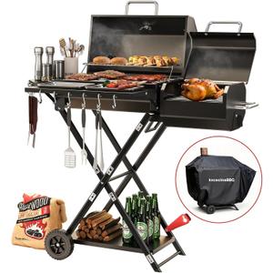 Portable Charcoal Grill with Smoking Function, Foldable Suitcase Design with Wheels, Multi-Tier Storage Rack & Waterproof Cover for Outdoor BBQ Parties (Black)