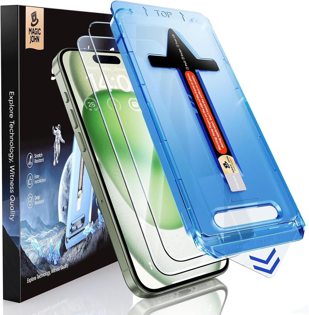 MAGIC JOHN 2 Pack for iPhone 15 Plus 6.7 inch Tempered Glass Screen Protector, Auto Dust-Elimination Installation, Bubble Free, Dynamic Island Compatible, HD Clear, Easy Installation