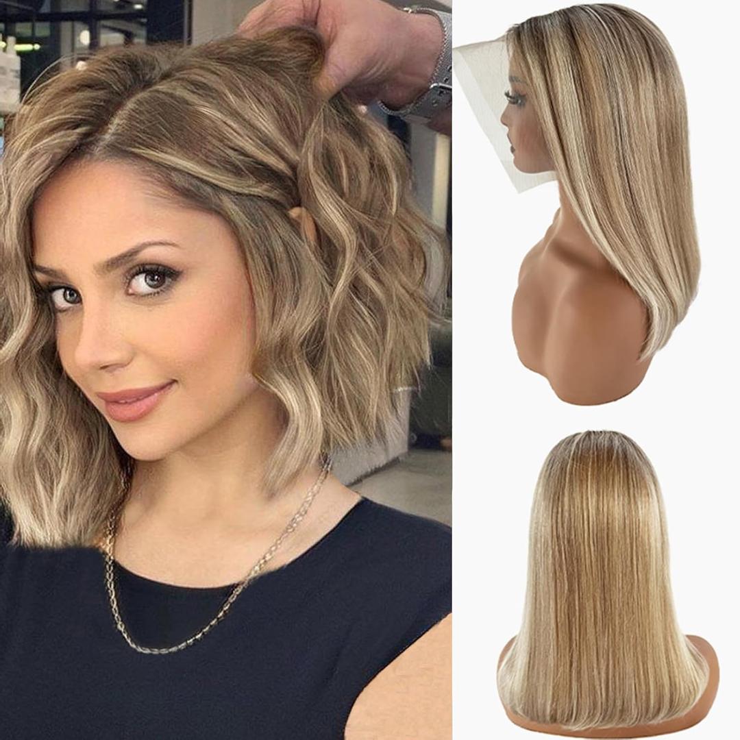 Belaved Ash Brown Highlights Bob Wigs Human Hair for White Women Ombre #8 Brown to 60# Platinum Blonde 13x6 Straight Bob Lace Front Wig Human Hair 14 Inch Pre Plucked Pre Cut Wear and Go Glueless Wigs