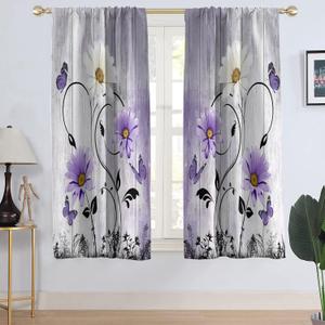 AAtter Purple Floral Window Curtain Lavender Lilac Rustic Flowers Country Butterfly White Daisy Abstract Black Leaves Living Room Bedroom Window Drapes Treatment Fabric 1 Pair, 42" W x 63" L, Wooden
