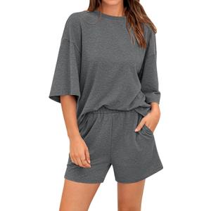 BTFBM Women Summer 2 Piece Outfits 2025 Spring Matching Set Short Sleeve Tops Elastic Waist Shorts Lounge Sets Pocket (Gray, S)