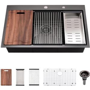 30 Inch Black Drop in Kitchen Sink Workstation - VOKIM 30x18-Inch Drop in sink Stainless Steel 16 Gauge 10'' Deep Single Topmount Bowl Handmade Kitchen Sink with Cutting Board& Strainer