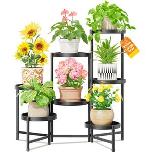 LASZOLA 7 Tiered Folding Plant Stand Indoor for Multiple Large Planter, Tall Heavy Duty Adjustable Rack with Rust Proof 10 Inch Wide Tray, Sturdy Vertical Tree Organizer for Narrow Inside Floor, Black