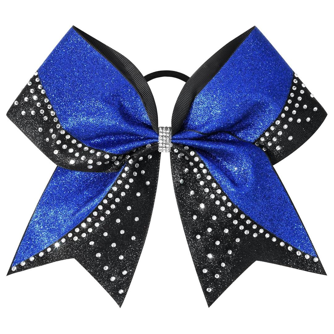 3 x 1PCS Glitter Cheer Bow Large Cheer Bows Rhinestones Hair Bows Girls 8"Cheerleading Bows Bulk Elastic Band Ponytail Holder for Teen Girls College Sports Competition Blue Black