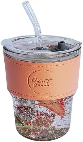 13oz Salmon Pink Glass Tumbler with Glass Straw and Plastic Lid, Vegan Leather Sleeve, Iced Coffee Cup, Double Walled, Car Friendly Tumblers, Hot Coffee, Cold Drinks, Sleeved Mug (1 Count)