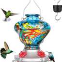 Hummingbird Feeder for Outdoors with Ant Moat, Blue Hummingbird Feeder, Hand Blown Twisted Glass, 4 Bee Guard Feeding Ports with Perch, Outdoor Dcor, 16OZ, Gifts for Mom Wife Dad Men Women