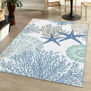 Tritard Coastal Area Rug 3x5 - Small Machine Washable Foldable Throw Rugs Non-Slip Beach Ocean Entryway Indoor Entrance Carpet for Kitchen Bathroom Laundry Bedroom Living Room, Blue