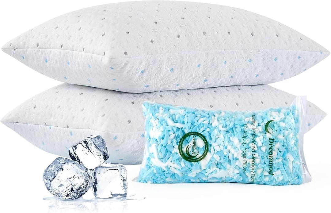 Cooling Pillows Queen Size Set of 2 with Extra Stuffing 100% Shredded Memory Foam Pillows with Washable Cover for Side Back Stomach Sleeper Hypoallergenic (Blue)