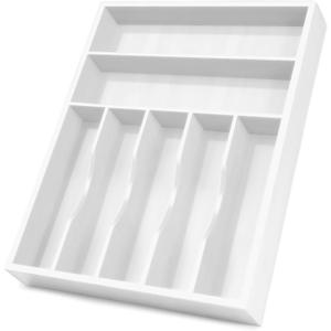 Bellsal White Utensil Organizer 12.5 Inch Silverware Tray for Drawer Utensil Holder Cutlery Organizer Kitchen Drawer Organizer 7 Compartment Small Narrow Bamboo