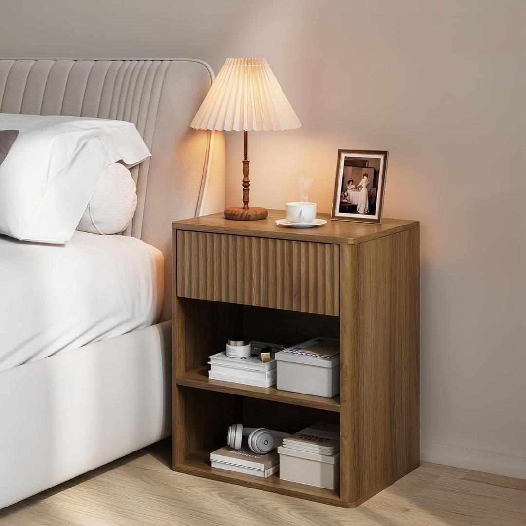 Nightstand Bedside Table Storage Drawer - Large Mid Century Modern Night Stand with Fluted Wood Storage Drawer and Open Shelf Bed Side Table for Bedroom Study Room, Walnut Brown, Set of 1