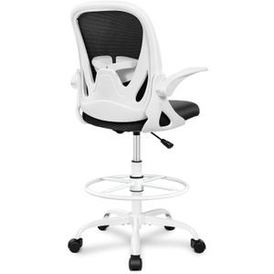 Primy Drafting Chair Tall Office Chair with Flip-up Armrests Executive Ergonomic Computer Standing Desk Chair with Lumbar Support and Adjustable Footrest Ring(White)