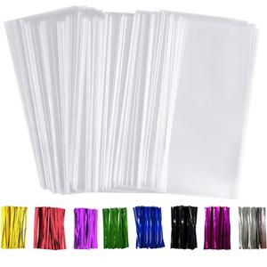 300 Pack 4" x 9" Clear Cellophane Treat Bags Plastic OPP Bags with Bottom Gusset 1.4 mils Thickness Multi-purpose Coming With 300 Colorful Twist Ties(Clear)