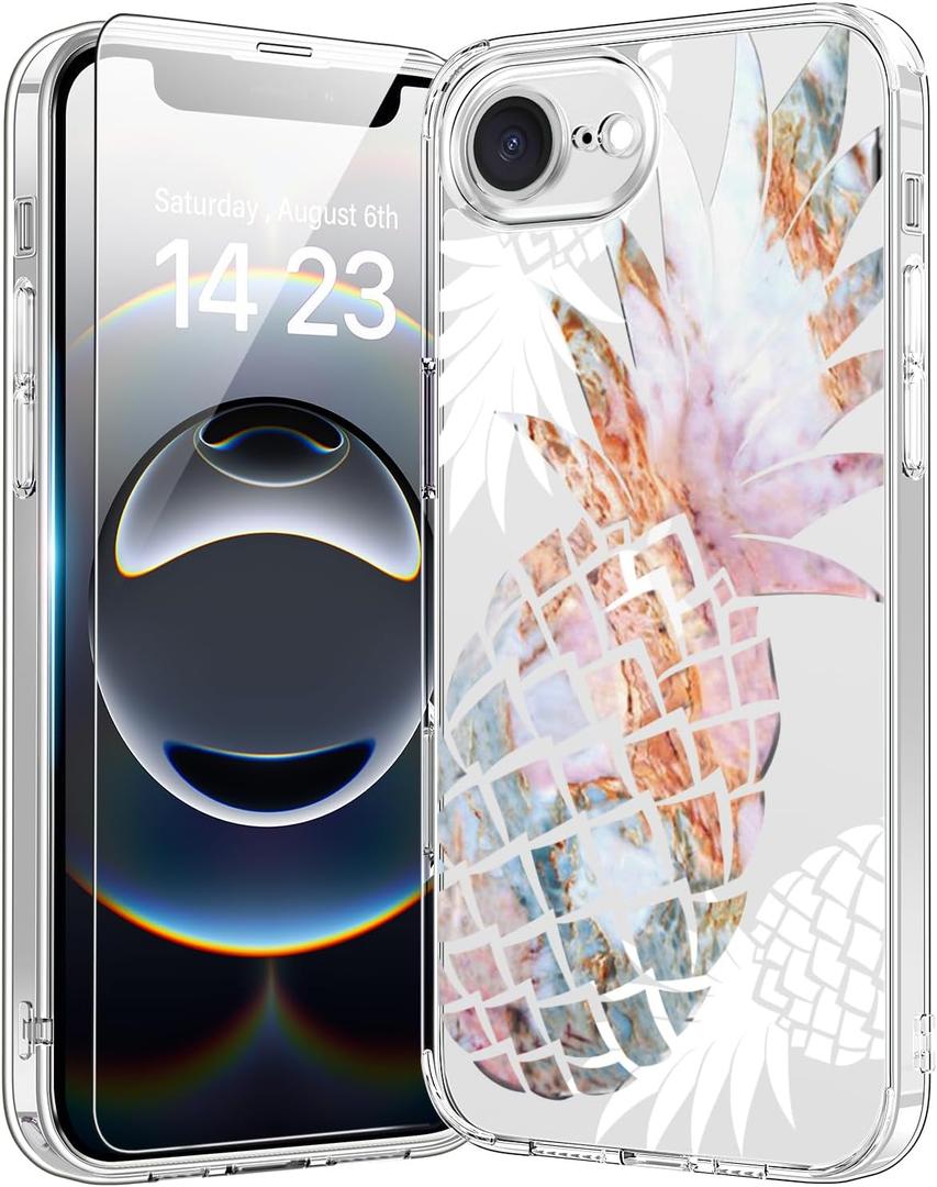 bicol for iPhone 16e Case with Screen Protector, Enhanced Camera Protection, Crystal Acrylic Clear with Fashionable Pattern Designs for Girls Women, Slim Fit Protective Phone Cover, Nice Pineapple